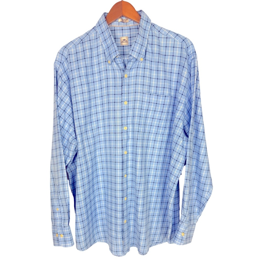Peter Millar Cotton Flannel Plaid Button Down Collar Shirt Men’s Blue Preppy